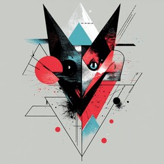 Poster - Abstract geometric cat portrait with vibrant color splashes and triangles.