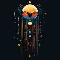 Poster - Abstract cosmic dreamcatcher with mountain landscape, celestial bodies, and vibrant colors.