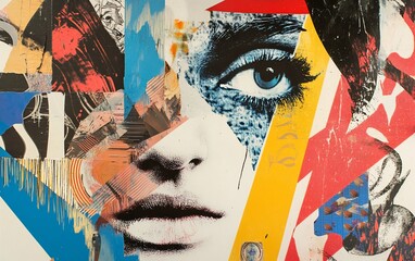 Poster - Abstract collage portrait of a woman's face with vibrant colors and geometric shapes.