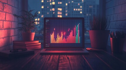 Poster - Night cityscape view from desk with laptop showing stock market graph.