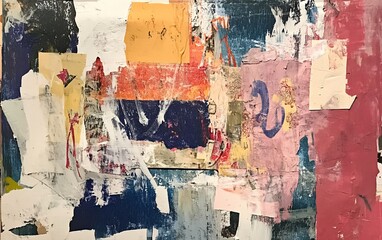 Poster - Abstract collage artwork with layered papers, paint, and textures in various colors and shapes.