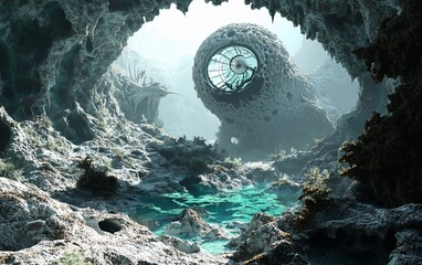 Poster - Surreal alien landscape with cave opening, rocky formations, turquoise water, and mysterious orb structure.
