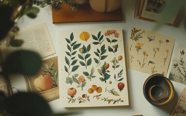 Poster - Flatlay of botanical illustrations, vintage prints, and plants on a white surface.