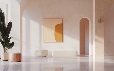 Aufkleber - Minimalist interior design with arched doorways, sunlight, artwork, plant, and white furniture.