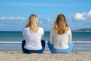 Wall Mural - Two women sitting on the beach, one wearing a white shirt