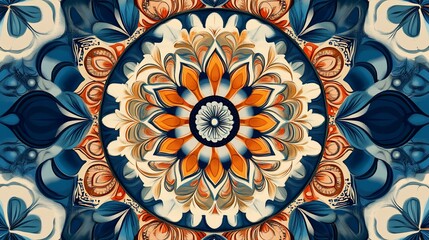 Poster - Intricate mandala design with blue, orange, and white floral patterns.