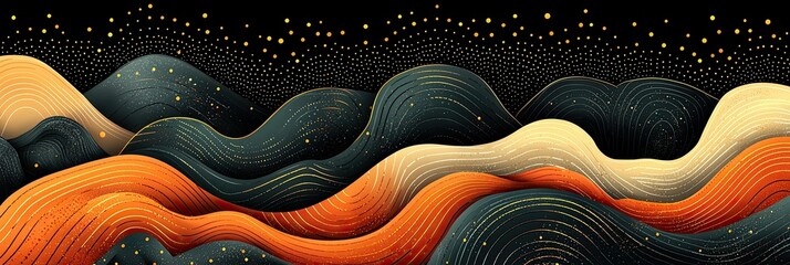 Poster - Abstract illustration of flowing waves in warm and cool colors against a dark background.