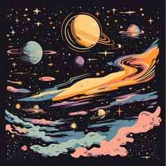 Poster - Vibrant cosmic illustration featuring planets, stars, nebulae, and celestial bodies in a stylized, painterly design.
