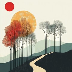 Poster - Abstract minimalist landscape art with winding path, colorful trees, and two suns.