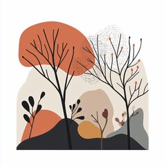 Poster - Abstract autumnal landscape with stylized trees and hills in warm earth tones.