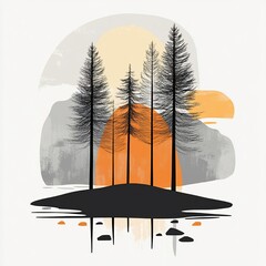 Poster - Silhouette of five pine trees on a small island at sunset, reflected in calm water.