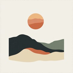 Poster - Abstract minimalist landscape illustration with sun, mountains, and hills in earthy tones.
