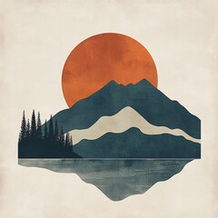 Poster - Minimalist landscape illustration of mountains, lake, forest and large sun.
