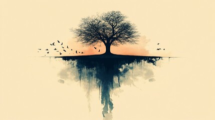 Poster - A solitary tree with roots submerged in dark water, birds flying around, set against a pale orange and beige background.