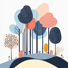 Poster - Stylized illustration of a whimsical forest with colorful trees and a rolling hill.