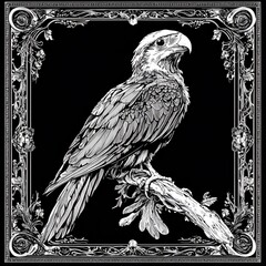 Poster - Intricate monochrome illustration of a parrot perched on a branch within an ornate frame.