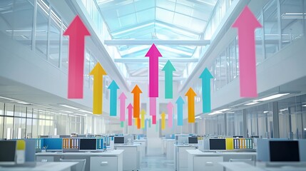 Poster - Colorful upward arrows in modern office.