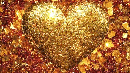 Glittering gold heart surrounded by golden and red confetti.