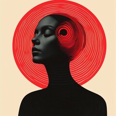 Poster - Serene woman's profile with red concentric circles overlaying her head, symbolizing thoughts or consciousness.