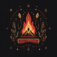 Poster - Stylized campfire illustration with geometric and nature elements.