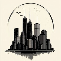 Poster - Monochrome cityscape illustration with birds and grunge texture.