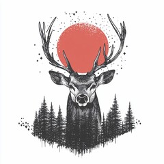 Poster - Majestic deer head silhouette against a red sun and pine trees.