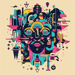 Poster - Abstract face composed of vibrant geometric shapes, cityscapes, and symbolic elements.