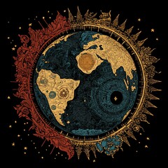 Poster - Ornate globe illustration, half light, half dark, celestial details.