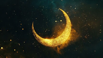 Poster - Golden crescent moon shining brightly in a starry night sky.