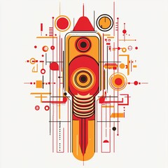 Poster - Abstract geometric illustration with red, orange, and yellow shapes and lines, resembling a futuristic device or machine.