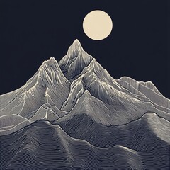 Aufkleber - Stylized illustration of a mountain range under a full moon at night.