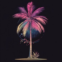 Poster - Neon pink palm tree digital art on dark background with geometric elements.