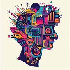 Poster - Abstract colorful illustration of a human head with mechanical parts, symbolizing artificial intelligence or human complexity.