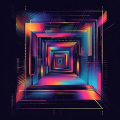 Aufkleber - Abstract vibrant neon squares tunnel, digital art.