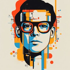 Poster - Abstract portrait of a person with glasses, geometric shapes and vibrant colors.