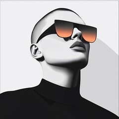 Poster - Stylish bald woman in sunglasses, minimalist portrait illustration.