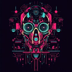 Poster - Abstract robotic skull illustration with vibrant neon colors and intricate circuitry details.