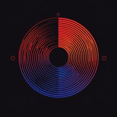 Fototapete - Abstract circular graphic with concentric lines in red, orange, purple, and blue hues on a dark background.