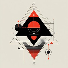 Poster - Abstract geometric design with red and black shapes within a diamond frame on a beige background.