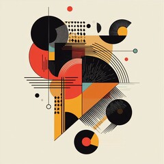 Poster - Abstract geometric composition with circles, lines, and shapes in red, orange, black, and yellow on a beige background.