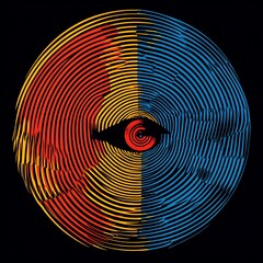 Poster - Abstract eye design with concentric circles in red, blue, and gold on black background.