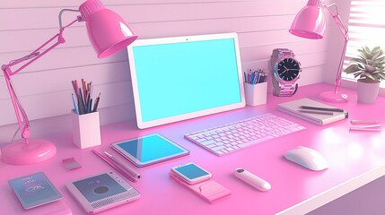 Poster - Pink aesthetic workspace with computer, tablet, phone, and accessories.