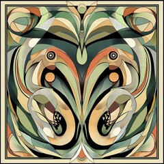 Poster - Abstract symmetrical artwork featuring stylized bird-like creatures in muted greens, oranges, and browns, set against a geometric background.