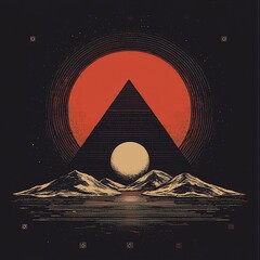 Poster - Stylized pyramid landscape with a red sun and moon.