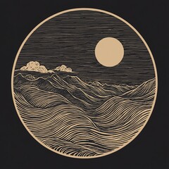 Poster - Night landscape illustration with mountains and moon in a circular frame.
