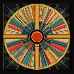 Poster - Abstract colorful wheel design with central red circle and gold cross.