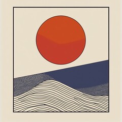 Poster - Abstract minimalist artwork depicting a large red sun setting behind stylized, linear hills.