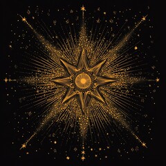Poster - Golden starburst on black background, celestial design, cosmic rays, glittering sparkles.