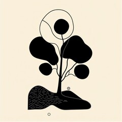 Poster - Abstract minimalist black and white illustration of a stylized tree on a beige background.
