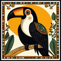 Poster - Colorful toucan perched on branch, stylized artwork with sun and foliage.